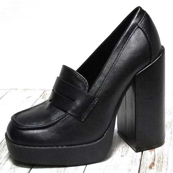 Shoes - New Black Square Toe Platform Penny Loafers Chunky Heels